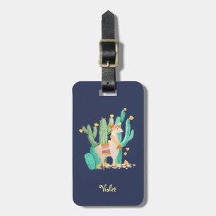 Llama and Cactus Watercolor Blue Personalised Luggage Tag