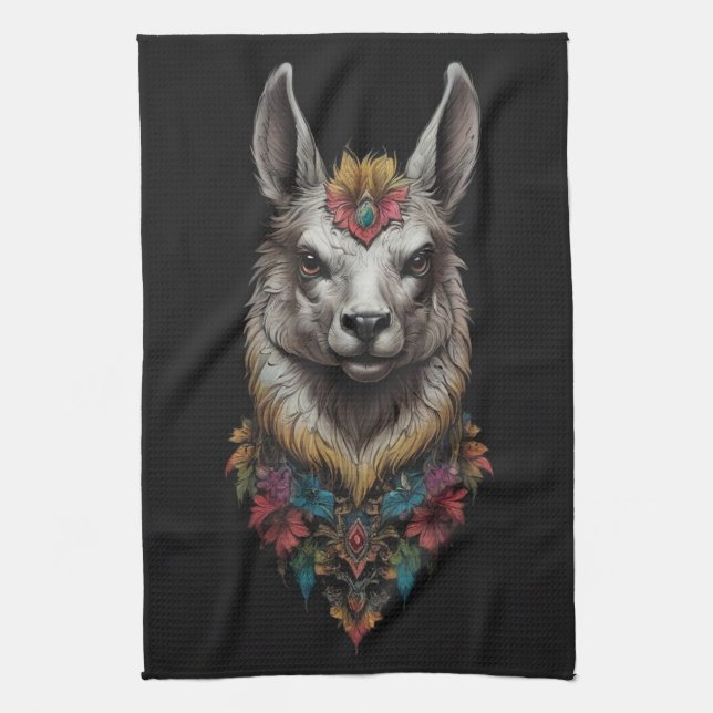 Llama And Flower Portrait,  Tea Towel (Vertical)
