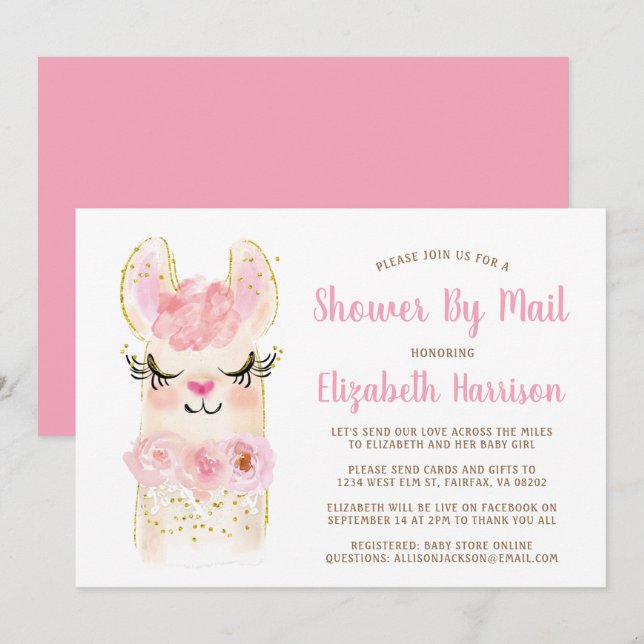 Llama Baby Girl Shower By Mail Invitation (Front/Back)