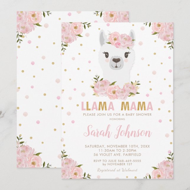 Llama Baby Shower Blush Floral Invitation (Front/Back)
