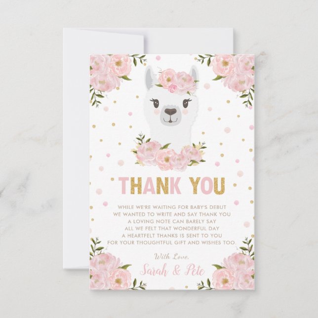 Llama Baby Shower Blush Pink Floral Thank You Card (Front)