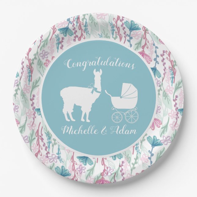 Llama Baby Shower Cute Blue Boy Paper Plate (Front)