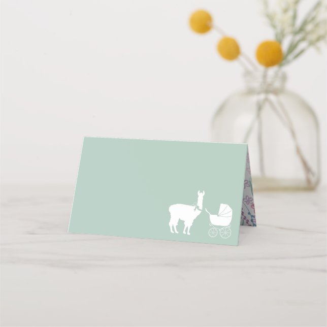 Llama Baby Shower Cute Green Gender Neutral Place Card (Front)