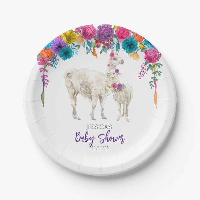 Llama Baby Shower Fiesta Floral  Paper Plate (Front)