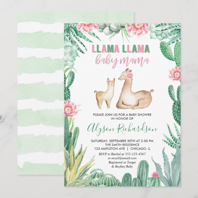 Llama baby shower girl invitation, baby mama invitation (Front/Back)