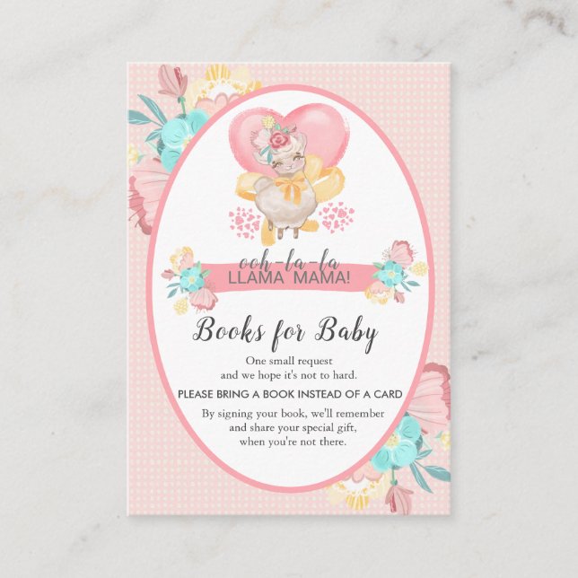 Llama Baby Shower Pink Floral Bring a Book Enclosure Card (Front)