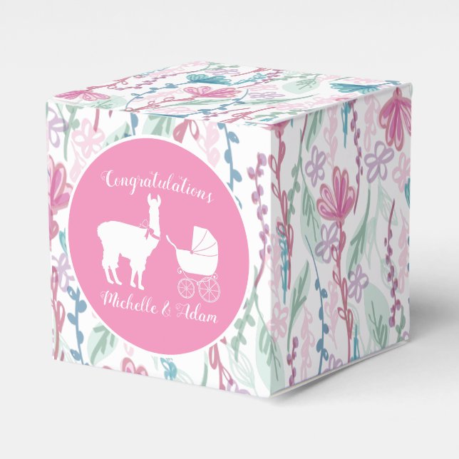 Llama Baby Shower Pink Girl Favour Box (Front Side)