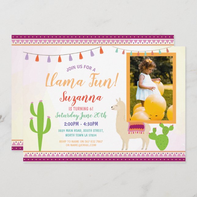 Llama Birthday Cactus Party Fiesta Photo Invite (Front/Back)