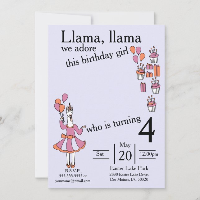 Llama Birthday Girl lavendar and orange Invitation (Front)