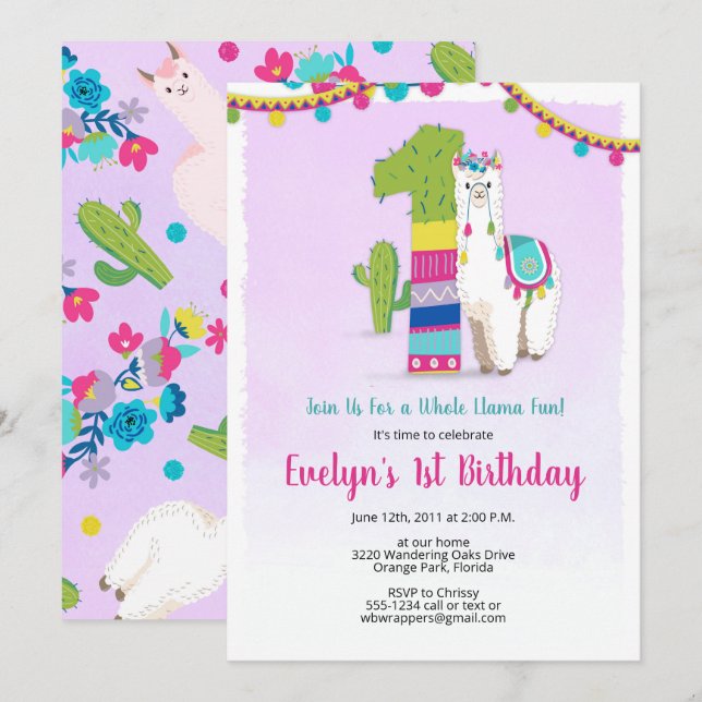 Llama Birthday Invitation - 1st Birthday Invites (Front/Back)