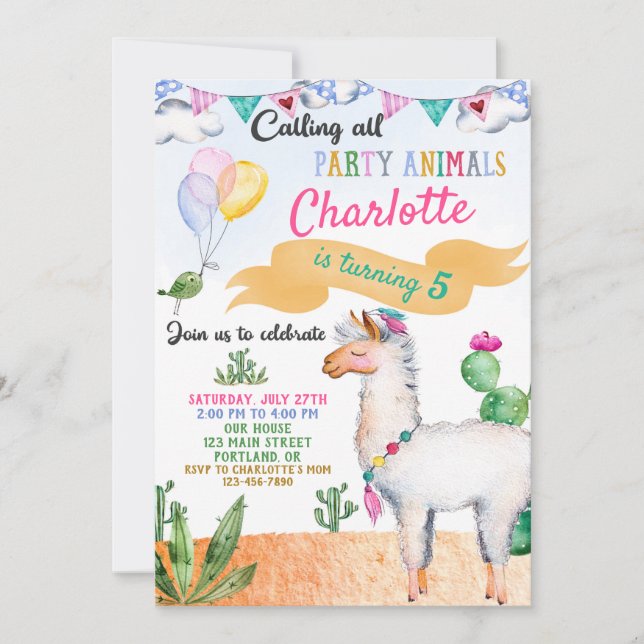 Llama birthday invitation Alpaca invitation (Front)