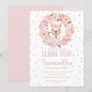 Llama Birthday Invitation Blush Floral Girl