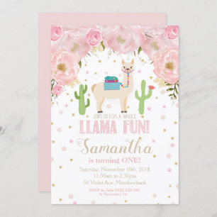 Llama Birthday Invitation Blush Floral Girl