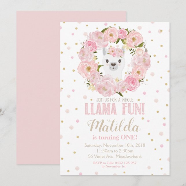 Llama Birthday Invitation Blush Floral Girl (Front/Back)