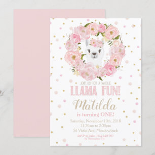 Llama Birthday Invitation Blush Floral Girl