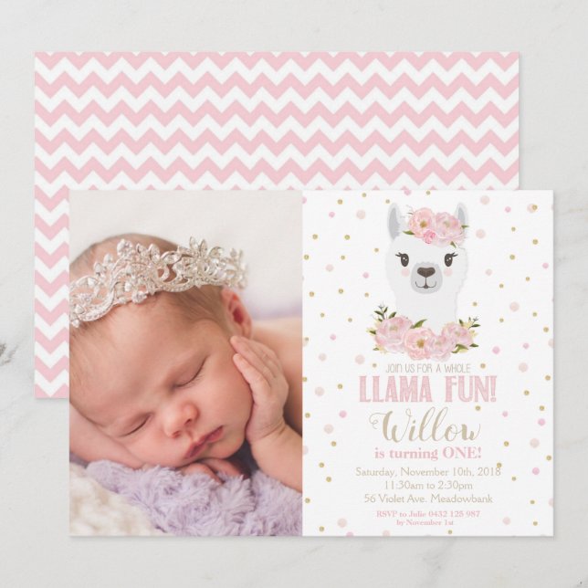 Llama Birthday Invitation Blush Floral Girl Photo (Front/Back)