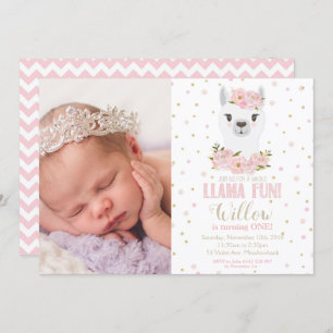 Llama Birthday Invitation Blush Floral Girl Photo