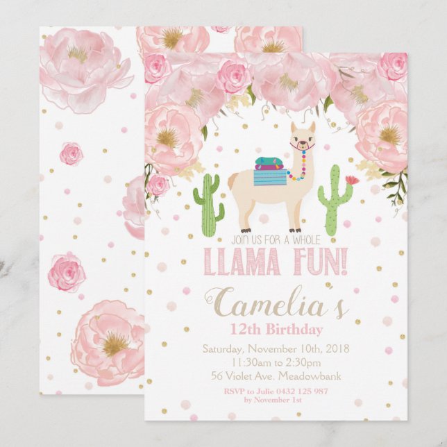 Llama Birthday Invitation Blush Floral Teen Girl (Front/Back)
