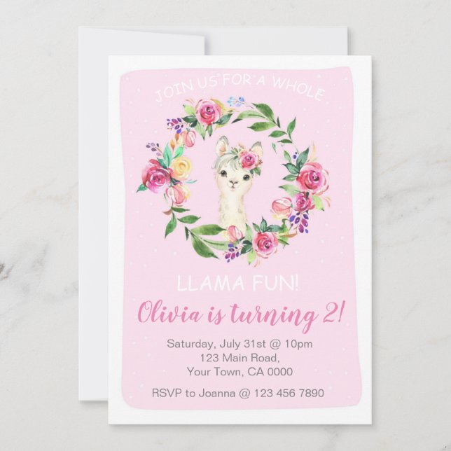 Llama Birthday Invitation for a Girl (Front)