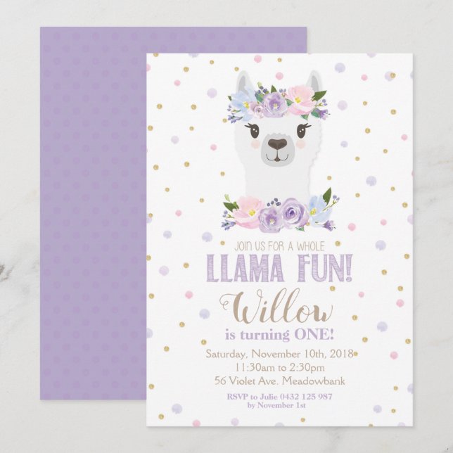 Llama Birthday Invitation Purple Floral Girl (Front/Back)
