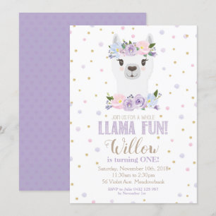 Llama Birthday Invitation Purple Floral Girl
