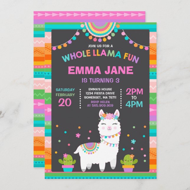 Llama Birthday Invitation Whole Llama Fun Party (Front/Back)