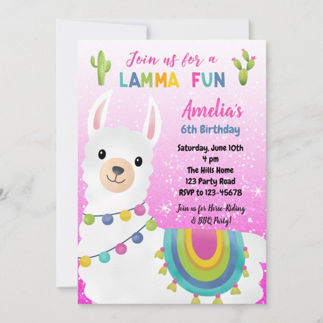Llama Birthday Invitations (Pink Glitter) (Front)