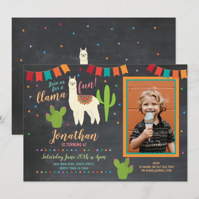 Llama Birthday Party Cactus Girl's Photo Invite (Front/Back)