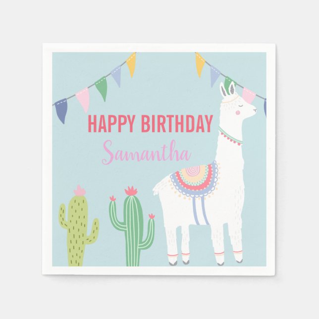 Llama Birthday Party Cute Fiesta Cactus Succulents Napkin (Front)