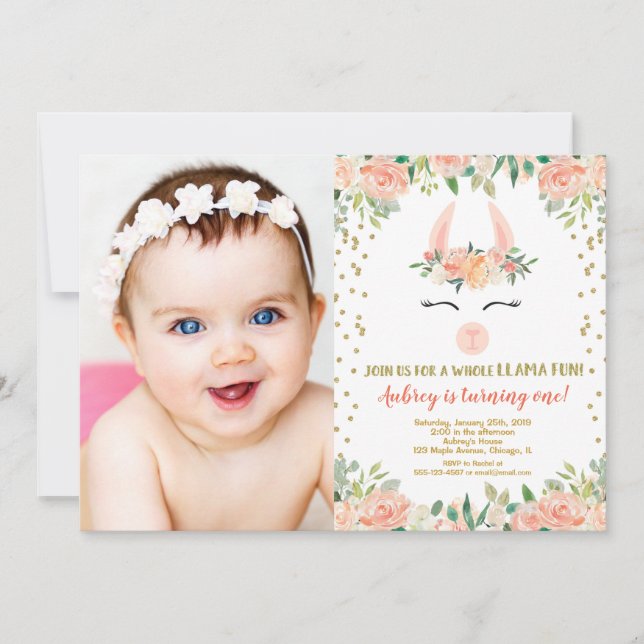 Llama birthday party, floral cute llama photo invitation (Front)