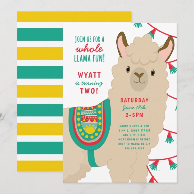 Llama birthday party invitation, neutral gender invitation (Front/Back)