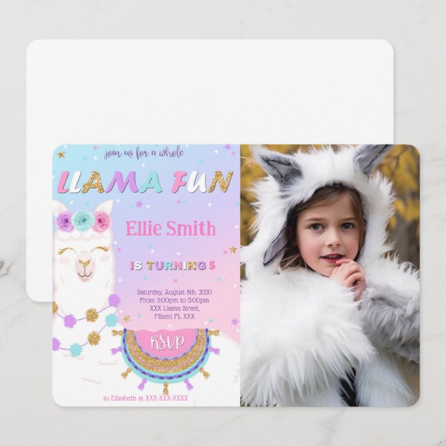 Llama Birthday Photo Invitation (Front/Back)
