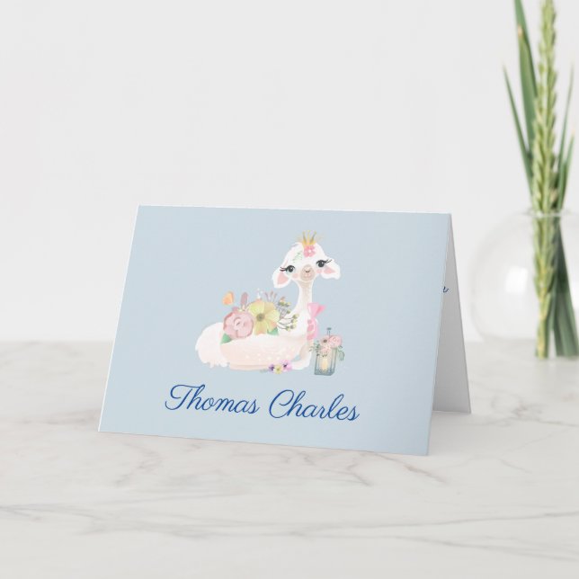 Llama Blue and White with Flowers Baby Thank You Card (Front)