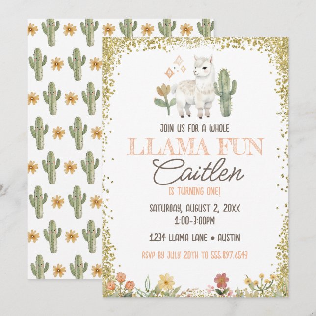 Llama Cactus Birthday Gold Glitter Invitation (Front/Back)