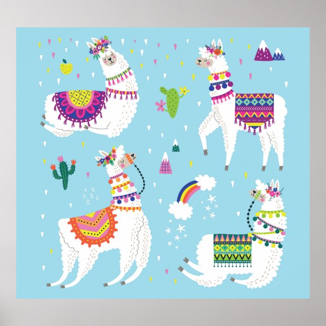 Llama & Cactus: Cute Vintage Set Poster (Front)