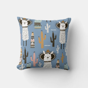 Llama, Cactus, Hand-Drawn Elements Pattern. Cushion