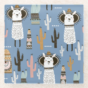 Llama, Cactus, Hand-Drawn Elements Pattern. Glass Coaster