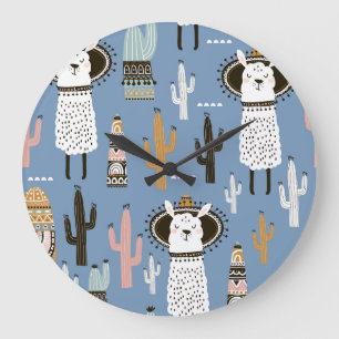Llama, Cactus, Hand-Drawn Elements Pattern. Large Clock