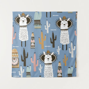 Llama, Cactus, Hand-Drawn Elements Pattern. Tapestry