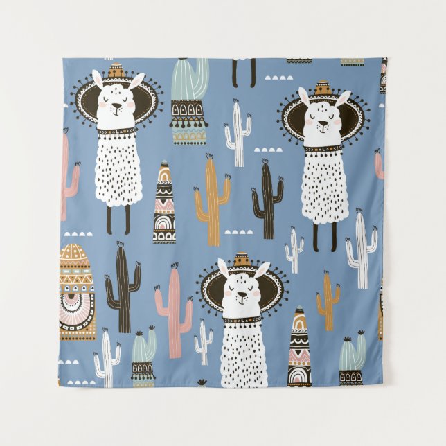 Llama, Cactus, Hand-Drawn Elements Pattern. Tapestry (Front)