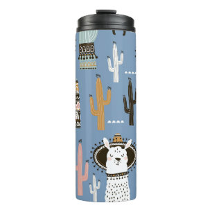 Llama, Cactus, Hand-Drawn Elements Pattern. Thermal Tumbler