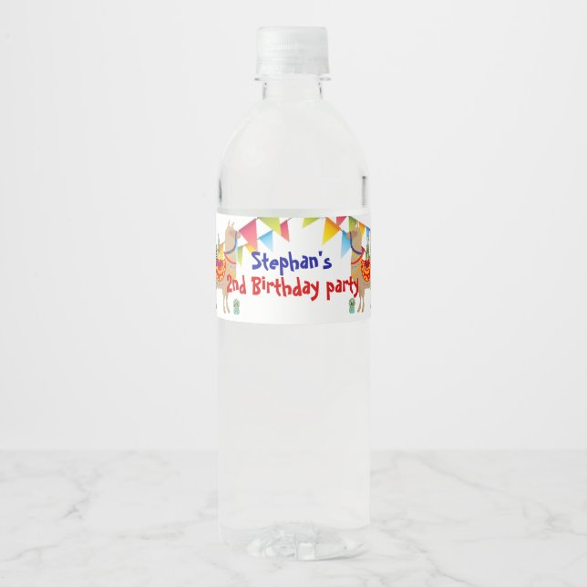 llama Cactus happy birthday Water Bottle Label (Front)