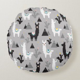 Llama cactus mountains, seamless pattern. round cushion