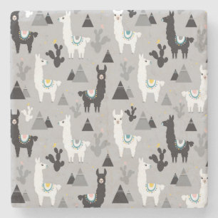 Llama cactus mountains, seamless pattern. stone coaster