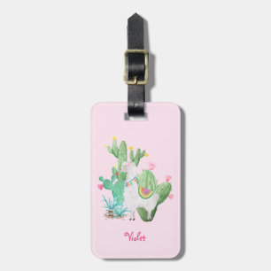 Llama & Cactus Pastel Pink Personalised Luggage Tag
