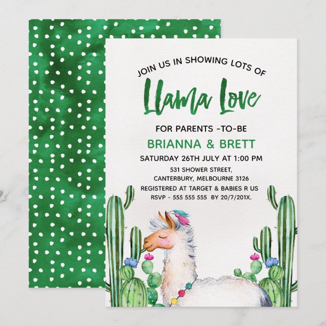 Llama Cacus Watercolor Baby Shower Invitation (Front/Back)