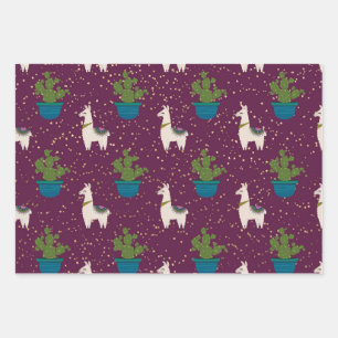 Llama, Catcus and Stars on Purple Wrapping Paper Sheet