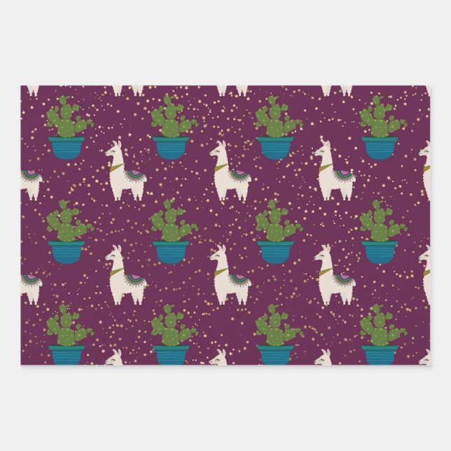 Llama, Catcus and Stars on Purple Wrapping Paper Sheet (Front)
