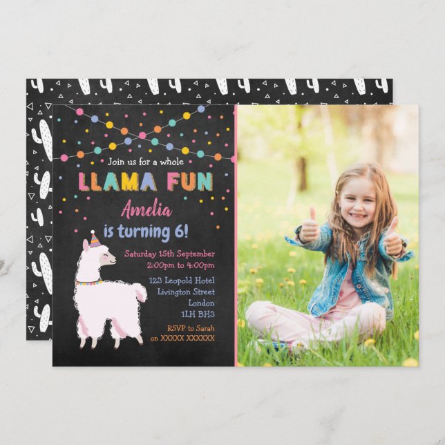 Llama Chalk Birthday Party Photo Invitation (Front/Back)