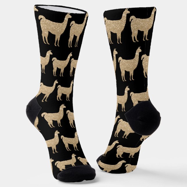 Llama Champagne Gold Sparkles pattern black Socks (Angled)